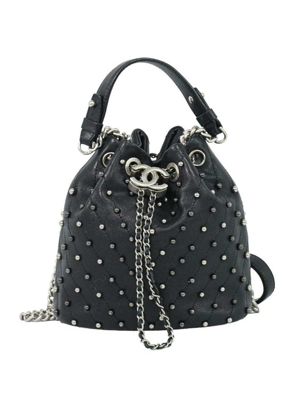 Chanel Studs V-stitch CC Logo Chain Drawstring Shoulder Bag Leather Black